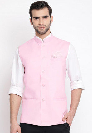 Solid Color Cotton Nehru Jacket in Pink