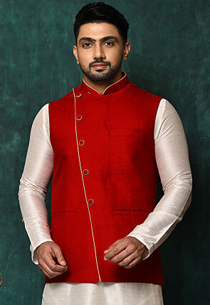 Solid Color Cotton Nehru Jacket in Red