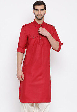 Solid Color Cotton Paithani Kurta in Red