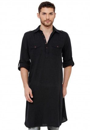 Solid Color Cotton Pathani Kurta in Black