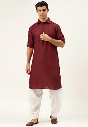 Solid Color Cotton Pathani Suit in Maroon
