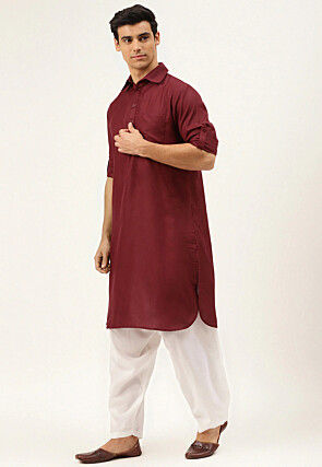 Solid Color Cotton Pathani Suit in Maroon