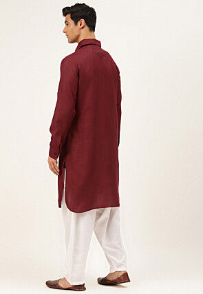 Solid Color Cotton Pathani Suit in Maroon