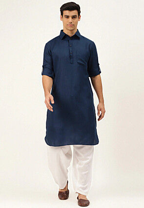 Solid Color Cotton Pathani Suit in Navy Blue