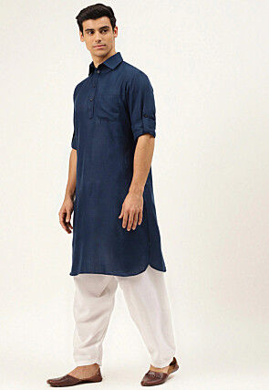 Solid Color Cotton Pathani Suit in Navy Blue