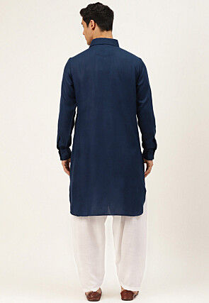 Solid Color Cotton Pathani Suit in Navy Blue