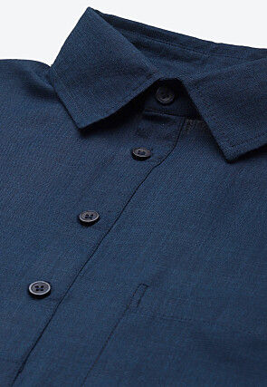 Solid Color Cotton Pathani Suit in Navy Blue