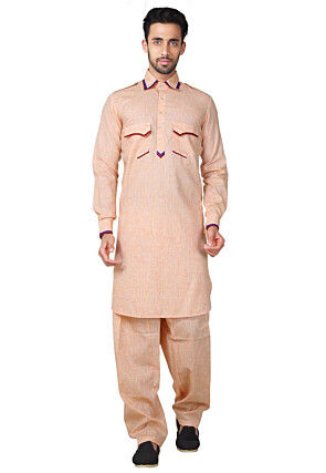 Contrast Trim Cotton Pathani Suit in Peach