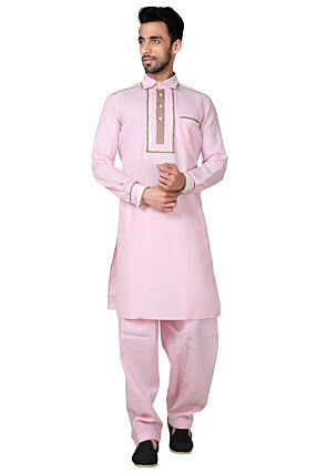 Solid Color Cotton Pathani Suit in Pink