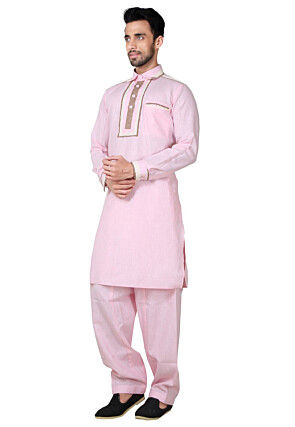 Solid Color Cotton Pathani Suit in Pink