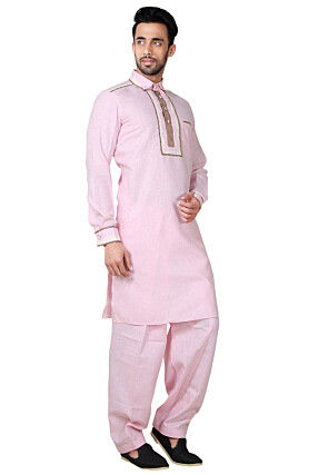 Solid Color Cotton Pathani Suit in Pink