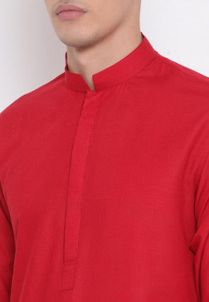 Solid Color Cotton Pathani Kurta Set in Red