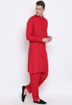 Solid Color Cotton Pathani Kurta Set in Red