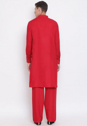 Solid Color Cotton Pathani Kurta Set in Red