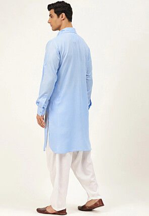 Solid Color Cotton Pathani Suit in Sky Blue