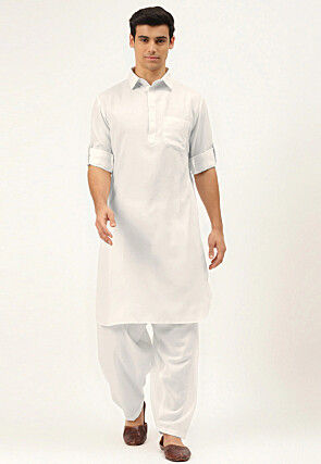 Solid Color Cotton Pathani Suit Set in White