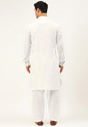 Solid Color Cotton Pathani Suit Set in White