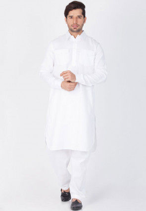 Solid Color Cotton Pathani Kurta Set in Navy Blue : MTR1790