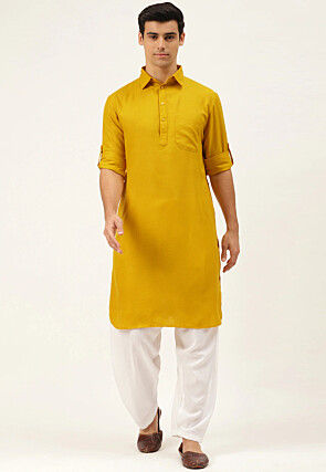 Solid Color Cotton Pathani Suit in Yellow