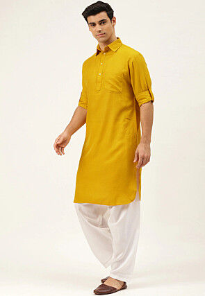 Solid Color Cotton Pathani Suit in Yellow
