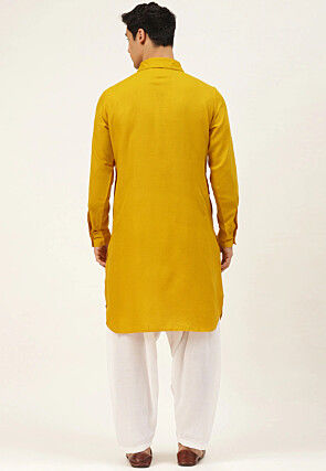 Solid Color Cotton Pathani Suit in Yellow