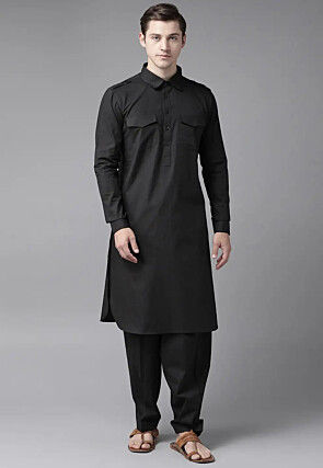 Solid Color Cotton Pathani Suit in Black