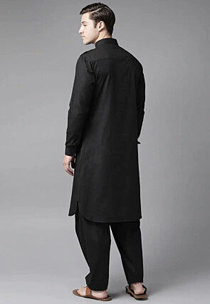 Solid Color Cotton Pathani Suit in Black