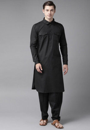 Solid Color Cotton Pathani Suit in Black