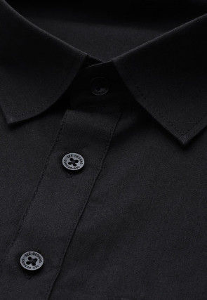 Solid Color Cotton Pathani Suit in Black