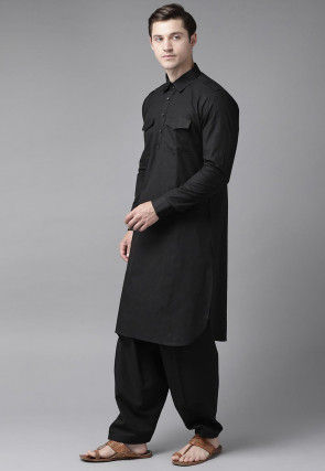 Solid Color Cotton Pathani Suit in Black