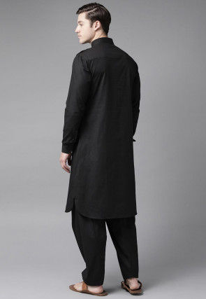 Solid Color Cotton Pathani Suit in Black