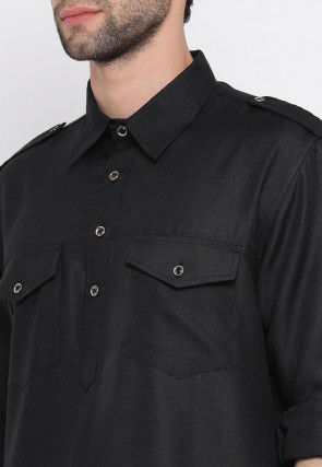 Solid Color Cotton Pathani Suit in Black