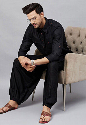 Solid Color Cotton Pathani Suit in Black