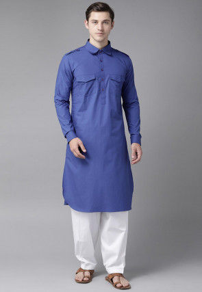 Solid Color Cotton Pathani Suit in Blue