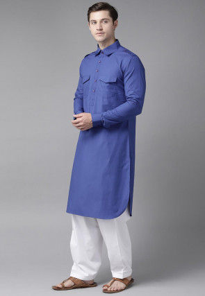 Solid Color Cotton Pathani Suit in Blue