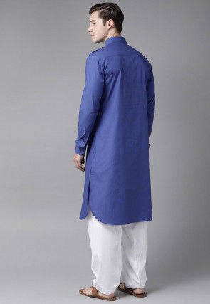 Solid Color Cotton Pathani Suit in Blue