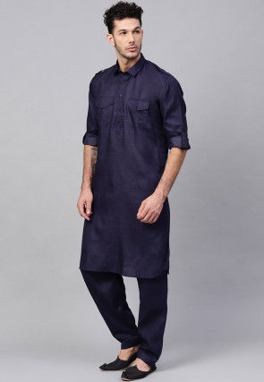 Solid Color Cotton Pathani Suit in Navy Blue