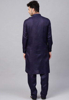 Solid Color Cotton Pathani Suit in Navy Blue