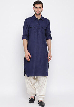 Solid Color Cotton Pathani Suit in Navy Blue