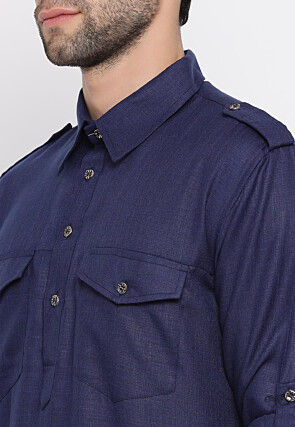 Solid Color Cotton Pathani Suit in Navy Blue