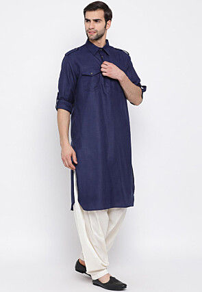Solid Color Cotton Pathani Suit in Navy Blue