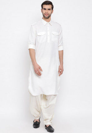Solid Color Cotton Pathani Suit in Off White