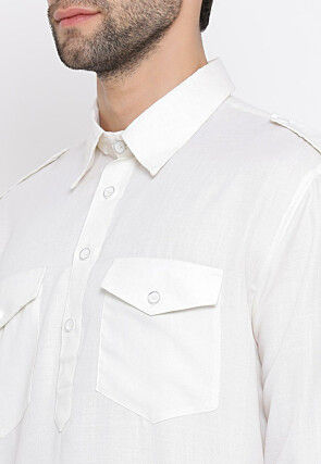 Solid Color Cotton Pathani Suit in Off White