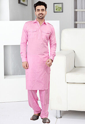 Solid Color Cotton Pathani Suit in Pink