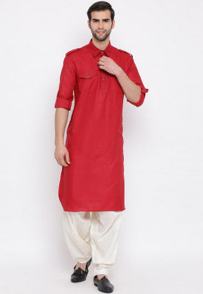Solid Color Cotton Pathani Suit in Red