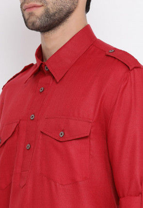 Solid Color Cotton Pathani Suit in Red
