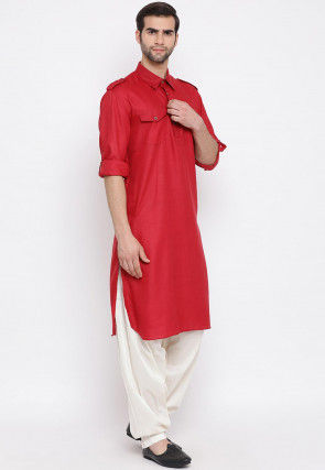 Solid Color Cotton Pathani Suit in Red