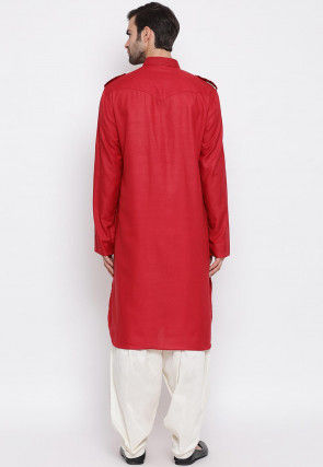 Solid Color Cotton Pathani Suit in Red