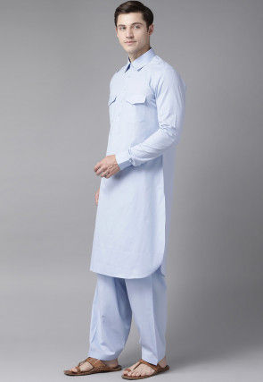 Solid Color Cotton Pathani Suit in Sky Blue