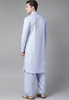 Solid Color Cotton Pathani Suit in Sky Blue